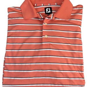 FJ FootJoy Mens Golf Polo Shirt Coral White Black Stripe XL Short‎ Sleeve